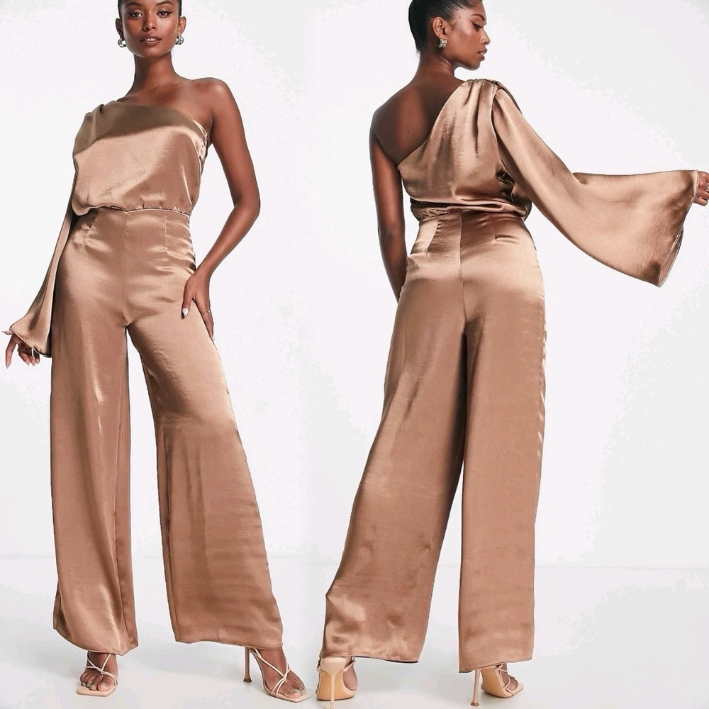 River Island Satin One-Shoulder Bronze Jumpsuit